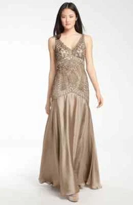 SUE WONG Backless Embellished Bodice Satin Gown Sz 2 Camel - Picture 1 of 2