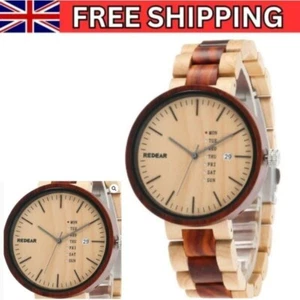 Mens Watch Clearance Quartz Wood Wristwatch For Men Bamboo Date and Day Display - Picture 1 of 7