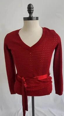 New York & Company Red Sparkly V-Neck Acrylic Sweater with Ribbon belt Size Med - Image 1 of 4