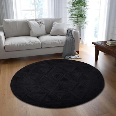 Cowhide Round Leather Stripe Design Rug Black Carpet For Modern Home Decor Rug - Image 1 of 4