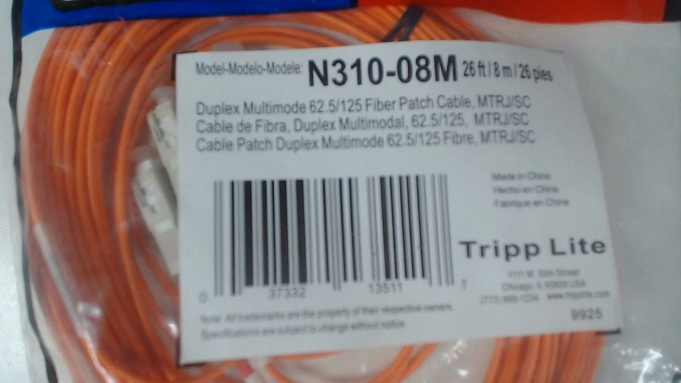 8M Duplex Multimode 62.5/125 Fiber Optic Patch Cable - Orange - Image 1 of 2