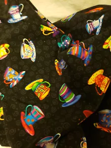 Cotton Fabric Spill the Beans by Clothworks 42 x 1 yd Black Teacups Mugs - Picture 1 of 3