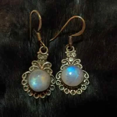 Pendientes de piedra lunar arco iris, joyería vintage de plata de ley, labradorita blanca Foto 1 de 4