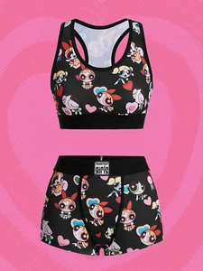 Women's Powerpuff Girls Black Bra Boyshort Panty Lounge Underwear Lingerie Set - Picture 1 of 4