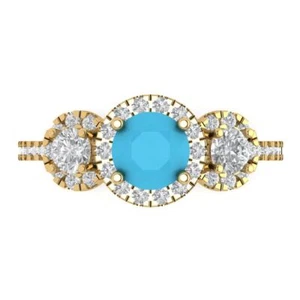 Anillo de compromiso de 3 piedras turquesa simulada corte redondo de 1,46 quilates, oro amarillo de 14 quilates - Imagen 1 de 11