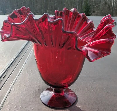 Vintage Blenko Ruby Red Crimped Edge Pedestal Vase 9" Tall Mint Cond Beautiful  - Image 1 of 4