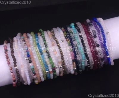 Natural Faceted Round Gemstone 2mm 3mm Handmade Beads Stretchy 7" Bracelet 925 - Image 1 of 4