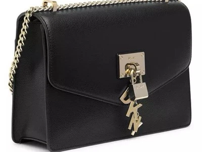 Bolso Bandolera DKNY Elissa Cuero Negro Dorado Herrajes y Bolso Dijes Bloqueo $65.00. Foto 1 de 4