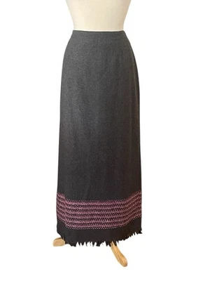 Vintage 90’s Sz 14 T Grey Wool Embroidered Loop Lined Pencil Fringed Maxi Skirt - Image 1 of 4