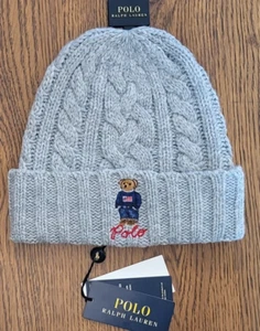 Polo Ralph Lauren Men’s Beanie Cable Knit American Flag Bear Andover Hthr Gray - Picture 1 of 2