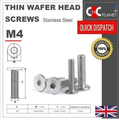 M3 M4 M5 M6 M8 THIN FLAT HEAD LOW PROFILE SCREWS M4 Ultra Thin Wafer Flat Head Low profile Screws Bolt Allen Key Stainless Steel