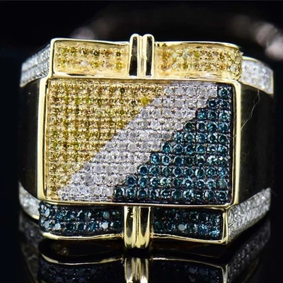 2Ct Blue Yellow & White Diamond 14K Yellow Gold Plated Statement Pinky Men' Ring - Image 1 of 4