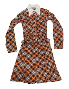 Vintage 70er Jahre Zweiteiler Set Rock und Top kariert orange marine Gr. XS dehnbar  - Bild 1 von 12