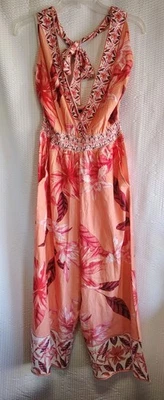 Venus Strawberry Floral Wide Leg Jumpsuit Pink Size 8 Linen Blend - Image 1 of 4