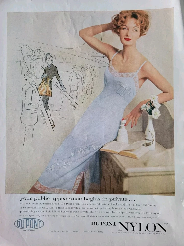 1957 Women's Dupont Nylon blue lace slip vintage fashion lingerie ad - Image 1 of 1