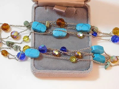 Collana Extra Lunga In Argento Con Perline Blu Turchese E Cristallo 64" 4b 90 - Immagine 1 di 3