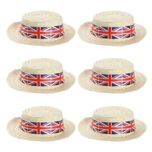 PACK OF 6 UNION JACK STRAW BOATER HATS ENGLAND BRITISH VE DAY FANCY DRESS - Picture 1 of 8