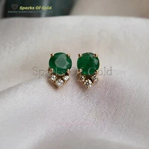Natural Diamond and Emerald 14K Gold Stud Earrings Fine Jewelry Birthday Present - Picture 1 of 3