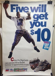 Póster de exhibición Shaquille O'Neil Pepsi/Reebok 3'x2' "Cinco te conseguirán $10" - Imagen 1 de 3