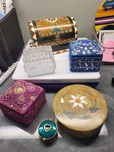 Lot 6 Decorative Boxes Trinket Vanity Stone Wood Glass Jeweled MOP - Photo 1 sur 15