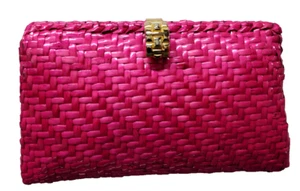 Vtg Pink Fuchsia Wicker Shoulder Bag Crossbody Gold Accents Designer Vanessa Bag - Picture 1 of 24