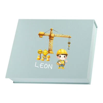 Personalisierte Erinnerungsbox aus Leinen | Motiv Baustelle - Bild 1 von 3