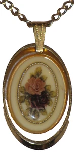Necklace Gold Plated Oval Pendent Floral Flowers Womens 24" Inches - Picture 1 of 24