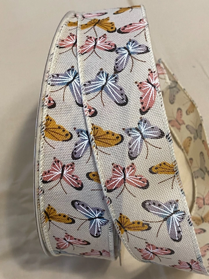 5 Yds. ASSORTED COLOR BUTTERFLIES PRINT WIRE EDGE RIBBON  1 1/2" Wide - Image 1 of 1