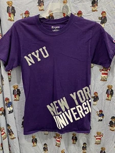 CHAMPION T-SHIRT PURPLE WHITE LOGO NEW YORK UNIVERSITY Unisex Small Rare NYU - Picture 1 of 9