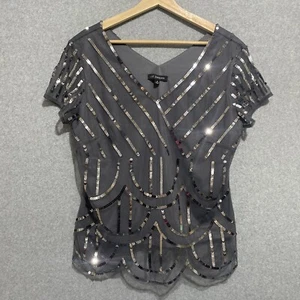 LIZ JORDAN Blouse Womens Size Medium M Sequined Geometric Pattern 2 Layered Grey - Picture 1 of 8