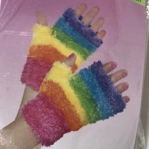 Fuzzy Rainbow Fingerless Gloves Glovelettes Costume NEW Fairy Pride Dress-Up - Picture 1 of 5
