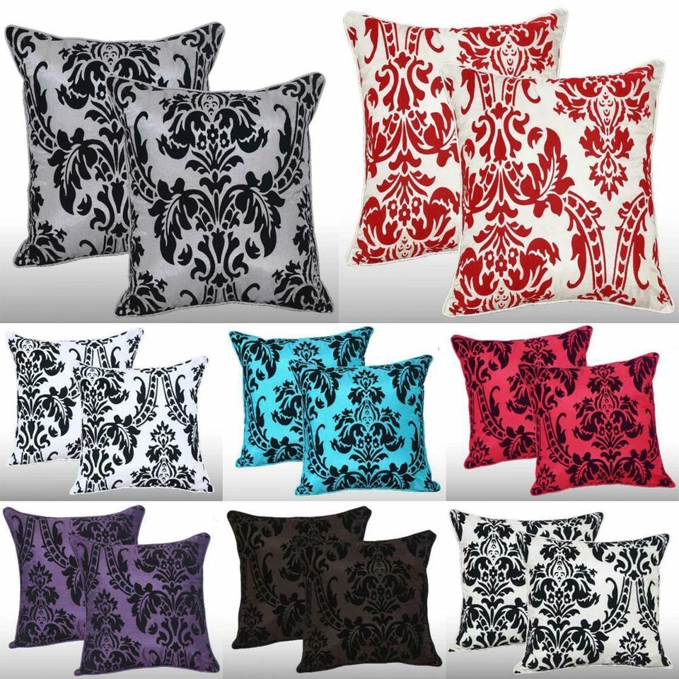 Pack of 2 LUXURY ENGLISH DAMASK FLOCK CUSHION COVERS SOFA DECORATION 17"X17" UK - Image 1 of 1