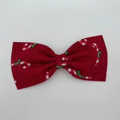 Candy Cane Bow Tie Clip On Handmade Christmas in July  Holiday Red Pretied - Image 1 of 4