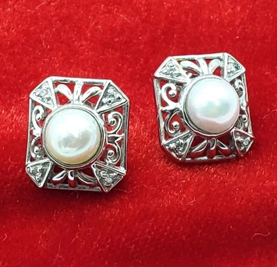 Pendientes vintage de perlas y diamantes Peter Brams de oro blanco de 14 quilates - firmados Foto 1 de 4
