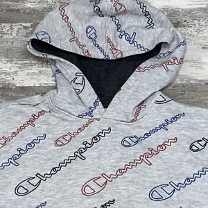 Champion All Over Print Logo Pullover Hoodie Cotton Blend Sweatshirt Youth Sz L - Picture 1 of 7