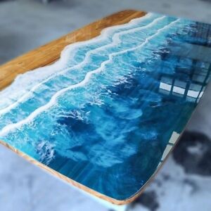 Handmade Ocean Dining Table, Ocean Resin Epoxy Table, Live Edge Epoxy Table Deco