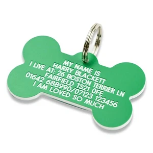 Pet Dog Cat ID Collar Tags - Deeply engraved FREE, 58mm plastic bone. 7 COLOURS - Picture 1 of 14
