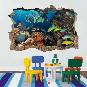 Coral Fishes Sea Aquarium 3D Smashed Wall Art Stickers Kids Bedroom Nursery AC17 - Picture 1 of 1