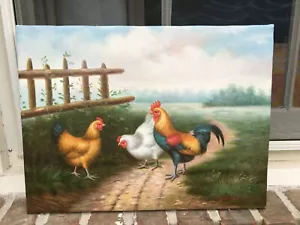 OIL Painting-COUNTRY/COUNTRY CHICKENS/LANDSCAPE-12"x16"NEW - Picture 1 of 2