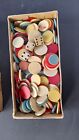 1950'S  BOX OF BAKELITE COLURFULL GAMES CHECKERS CHIPS ,DICE PICES COLLECTABLES 