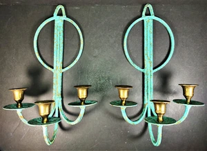 Pair ofHand Forged Wrought Iron Sconces Candleholders Verdigris & Brass EUC - Picture 1 of 9