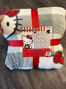 Hello Kitty Plush Throw Blanket Grey With Red Bow FULL/QUEEN 90 X 90 - Picture 1 of 3