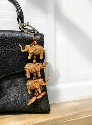 Ethnic Elephant Cascade Keychain - Resin Miniature with Floral Beads 4 Inches - Image 1 of 4