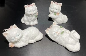 Set of 4 Ceramic White Bisque Kittens With Pink Cloth Bows - Picture 1 of 3