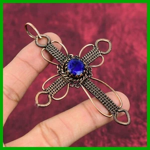 Blue Saphire Gemstone Daughter Gift Wire Wrapped Cross Art Deco Pendant Copper - Picture 1 of 6