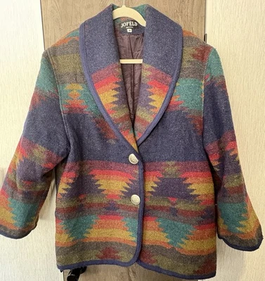 Vtg Jofeld Womens M Coat Aztec Navajo Print Blanket Jacket Wool Blend Southwest - Image 1 of 4
