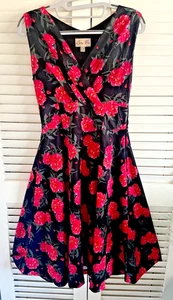 LINDY BOP UK 8 Superb Black Stretch Red Pink Camellias 50s Retro Party Dress - Picture 1 of 6