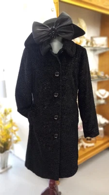 Boho Black Faux Karakul Curly Persian Lamb Collared Pockets Sz M Coat East 5ft - Image 1 of 4