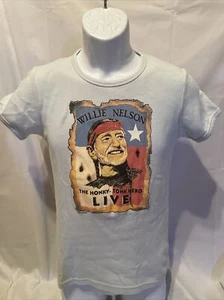 Vintage Willie Nelson The Honky Tonk Hero Live Blue T Shirt Baby Tee Size Large - Picture 1 of 3