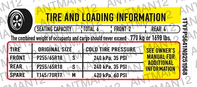 GM CHEVROLET FORD CHRYSLER TIRE LOADING INFORMATION VIN# Number DECAL Label 3M - Image 1 of 4